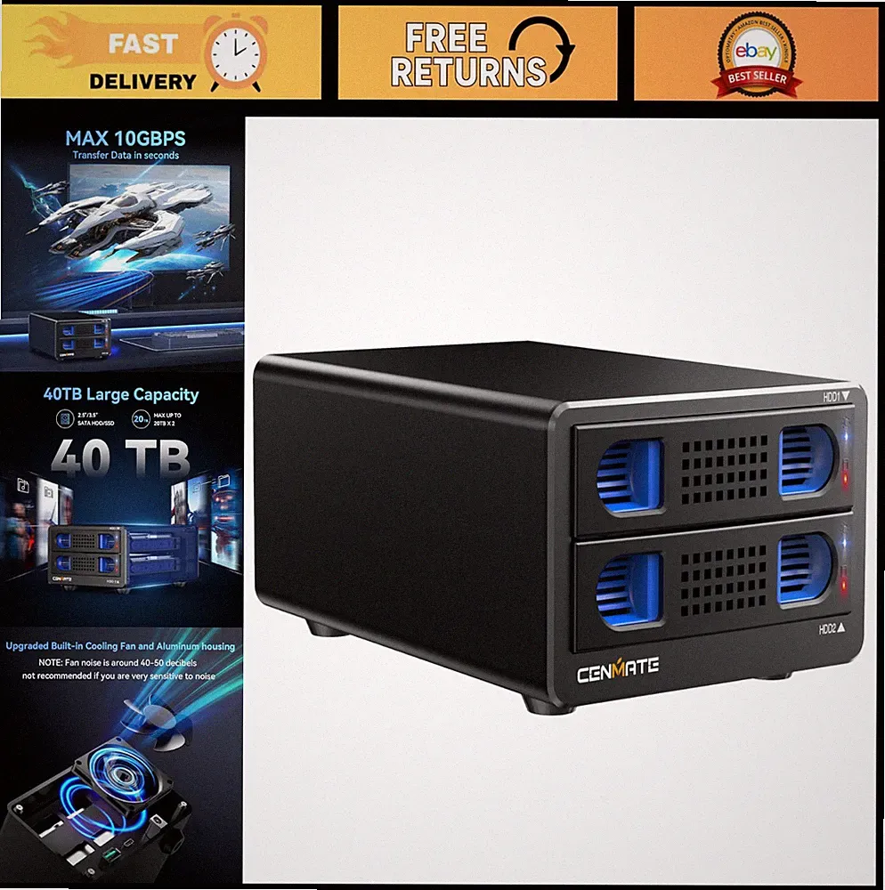 10Gbps Aluminum Hard Drive Enclosure with Cooling Fan for 2.5”/3.5” SATA HDD/SSD