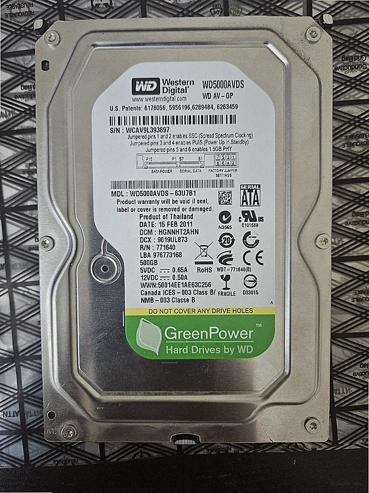 Western Digital AV-GP 500GB, Internal, 3.5" (WD5000AVDS) Hard Drive Used 26k hrs